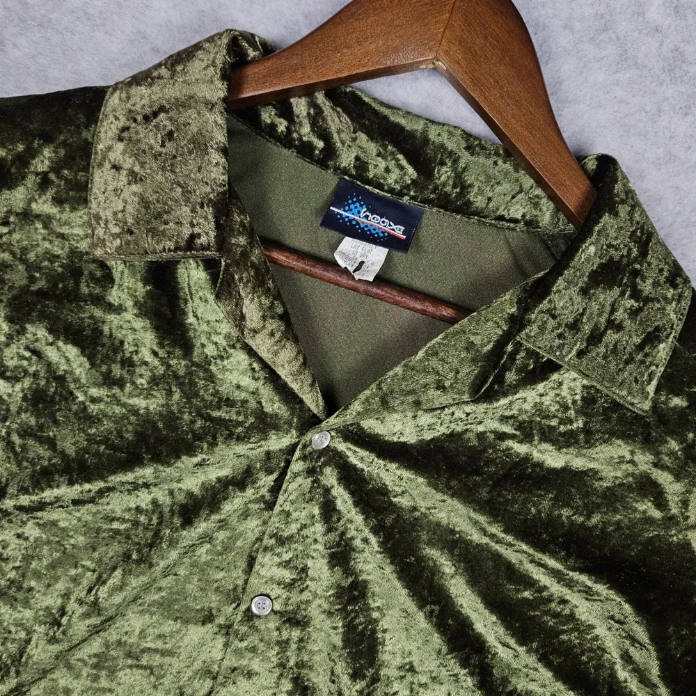 Hoax Mens Large Green Shirt Velour Crushed Velvet Velour Snap Retro Casino USA